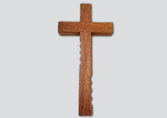 Powerful handheld Christian cross with finger grips.  The beautiful wooden cross is 12